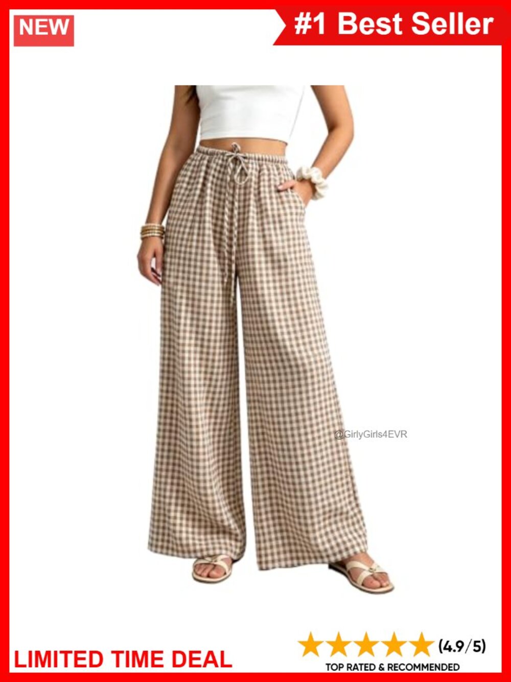 Women's Gingham Wide Leg Lounge Pants Capri Elastic Waist Pockets